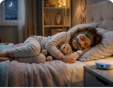 Child asleep wearing the Dormotech wireless headband sensor