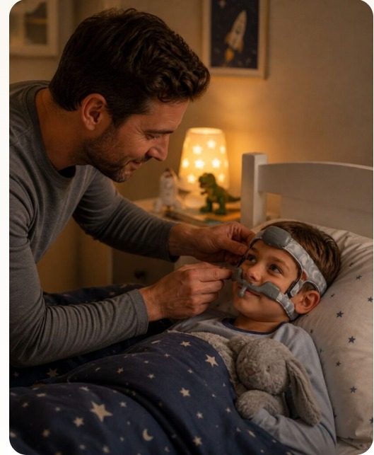 Father fitting a child with the Dormotech sleep sensor